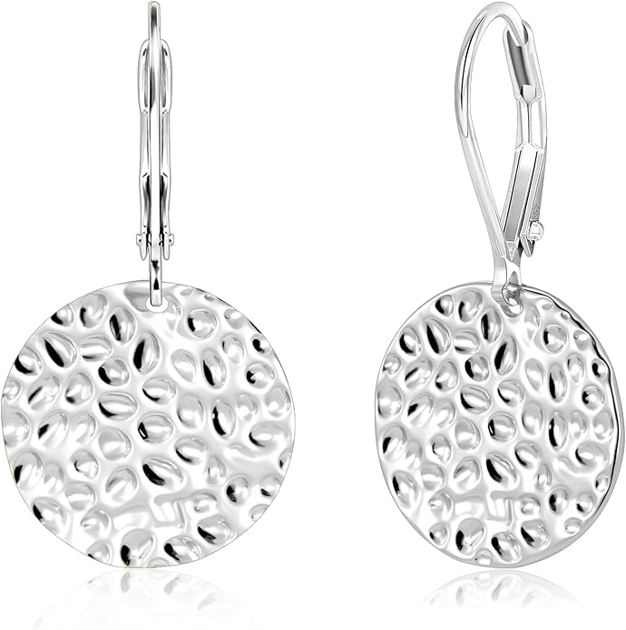 ALEXCRAFT 925 Sterling Silver Dangle Earrings for Women, 14K Gold Plated Geometric Flat Round Disc Hammered Coin Drop Earring Hypoallergenic Lightweight Leverback Earrings for Women Trendy Jewelry