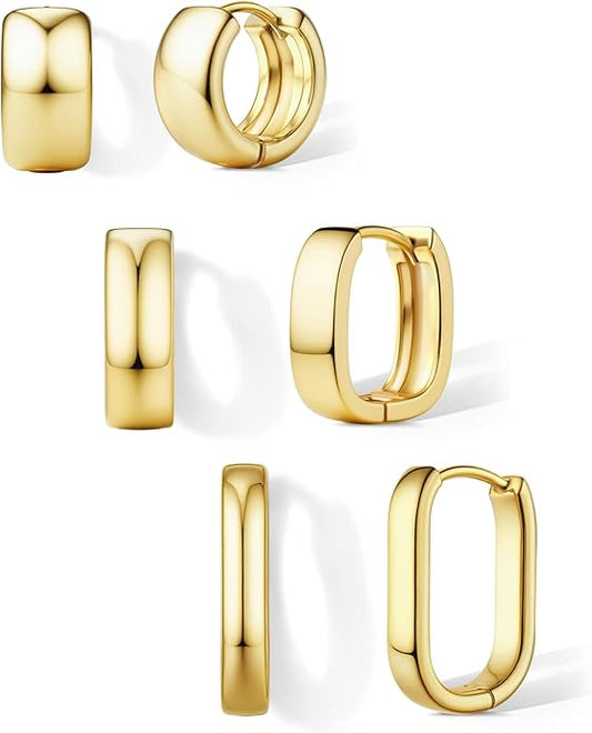 Florideco 3Pairs Chunky Gold Earrings Set 14K Gold Plated Hoop Earrings for Women Trendy Small Thick Huggie Hoops Earring Lightweight Silver Hoop Earring Sets for Multiple Piercing