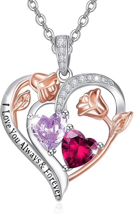 Zeuslia Double Birthstone Necklace Gifts for Wife - 925 Sterling Silver Sunflower/Rose/Crown Cross/Compass/Heart Pendant I Love You Necklace, Anniversary Birthday Gifts for Wife Girlfriend Mom Her