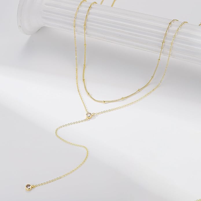 M MOOHAM Gold Lariat Necklace for Women - Dainty 14K Gold Plated Y-Shaped Long Drop Necklace Pearl Cross Clover Butterfly Cubic Zirconia Charm Layered Necklaces for Women Simple Jewelry Gifts