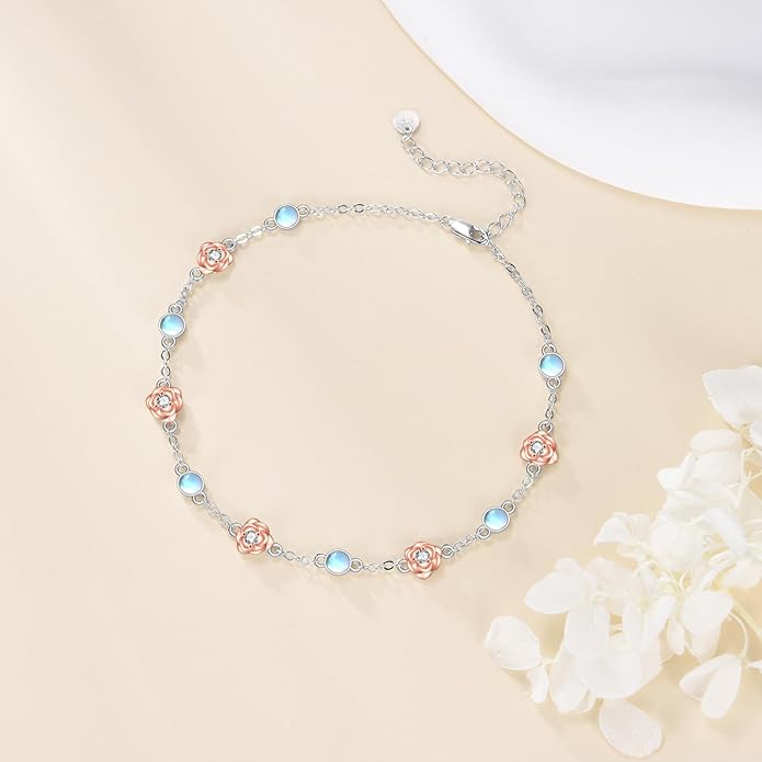 CRMAD 925 Sterling Silver Daisy/Sunflower Moonstone Anklet Daisy Flower Ankle Bracelet for Women Beach Dainty Jewelry