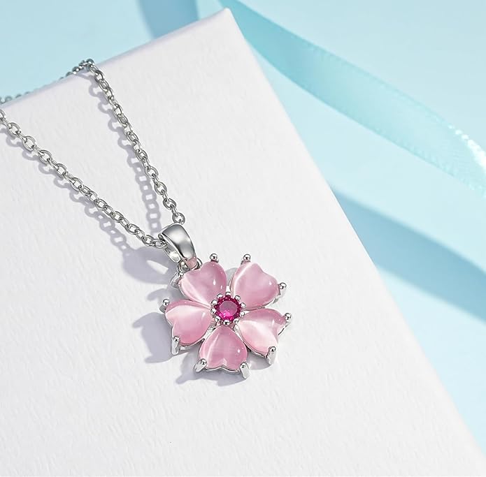 VONSSY Elegant Cherry Blossom Necklace Earrings Pink Cats Eye Flower Flora Sakura Gemstone Crystal Pendant 18k Gold Plated Chain Jewelry Set Gift for Woman Wife Girlfriend