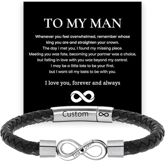 To My Man, Personalized Dual Name Infinity Leather Bracelet, Custom Name Text and Symbol Stainless Steel Braided Bracelet for Men/Women, for Xmas, Birthday, Anniversary, Valentine