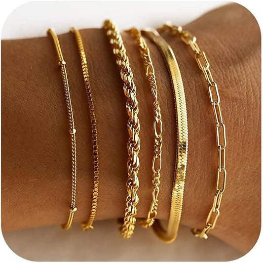 DEARMAY 14K Gold Plated Bracelets for Women Waterproof, Jewelry Sets Trendy Thin Dainty Stackable Cuban Link Paperclip Chain Bracelet Pack Fashion Accessories Gifts for Womens
