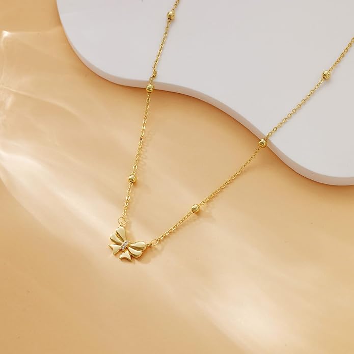 Gold Necklace for Women Dainty Bow Necklace 14K Gold Plated Cute Choker Necklace Small Bow Pendant Charm Necklaces Teen Gift Trendy Stuff Personalized Jewelry Gifts