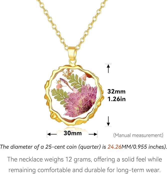 Birth Flower Necklaces for Women,1-12 Month Real Pressed Flower Necklace,Boho-Style Personalized Jewelry, Handmade Floral Pendant,Thoughtful Gift for Christmas,Birthday|18"