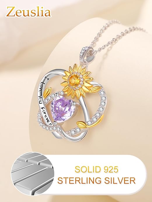 Zeuslia Double Birthstone Necklace Gifts for Wife - 925 Sterling Silver Sunflower/Rose/Crown Cross/Compass/Heart Pendant I Love You Necklace, Anniversary Birthday Gifts for Wife Girlfriend Mom Her