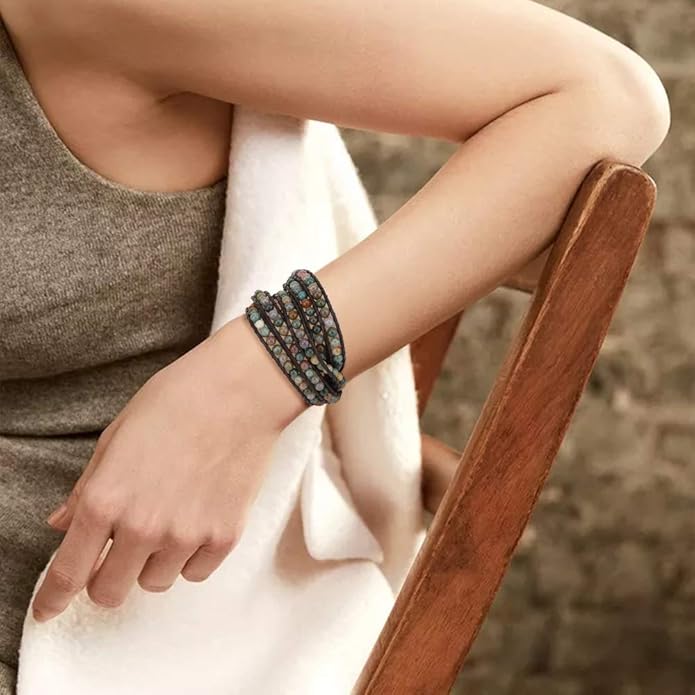 Emibele Layered Leather Bracelet, Rivet Leopard Print Bohemian Style Multilayer Wrap Bracelet, Handmade Agate Amethyst Chakra Crystal Glass Beaded Shell Bracelet for Women