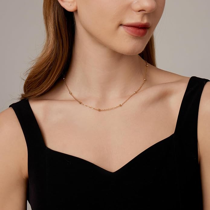 Gold Chain Necklace for Women Dainty 18K Gold Plated Thin Satellite Beaded Turquoise Necklace Simple Gold Boho Jewelry