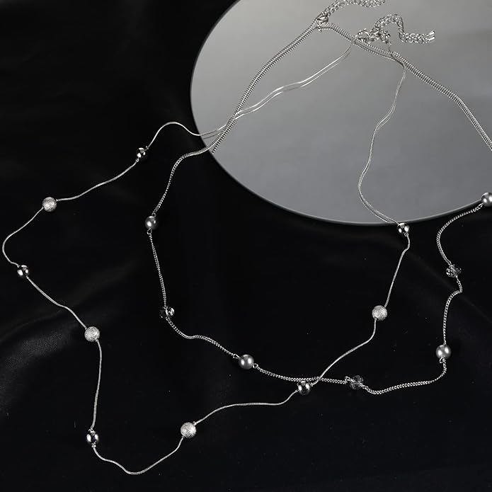 Silver Layered Long Necklace for Women Pearl Crystal Sweater Strand Chain Necklaces Fashion Gifts