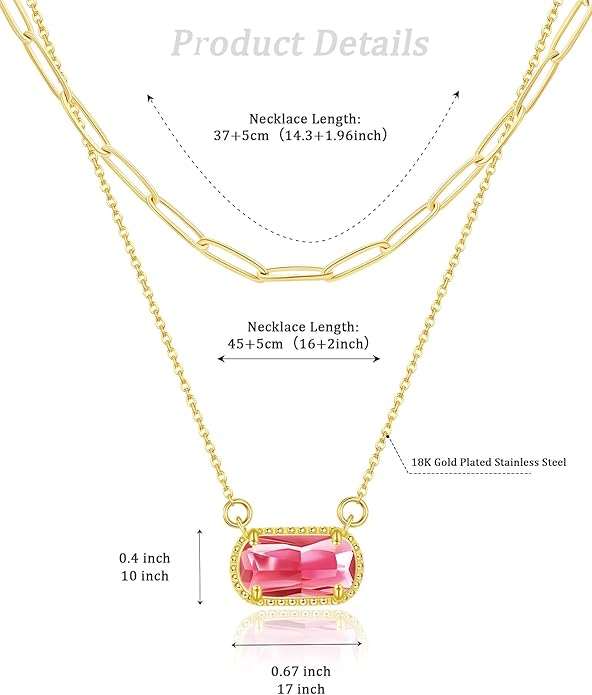 Lourny Gemstone Birthstone Pendant Layered Necklace for Women Trendy, 18K Gold Plated Paperclip Chain Preppy Choker Charm Necklace for Women Wife Jewelry