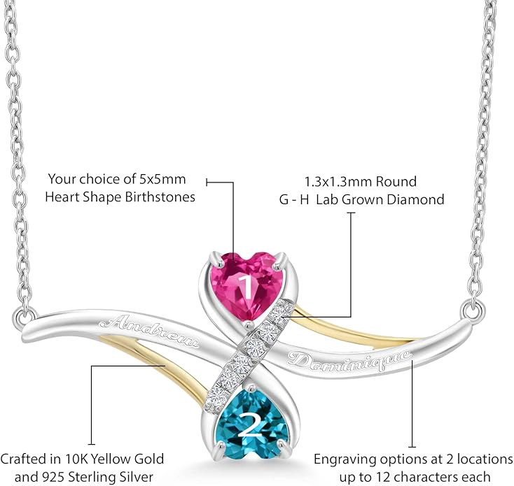 925 Sterling Silver and 10K Yellow Gold Customized and Personalized Name Engraved 2-Stone Heart Shape Gemstone Birthstone and Lab Grown Diamond Mothers Pendant Necklace For Women with 18 Inch Chain