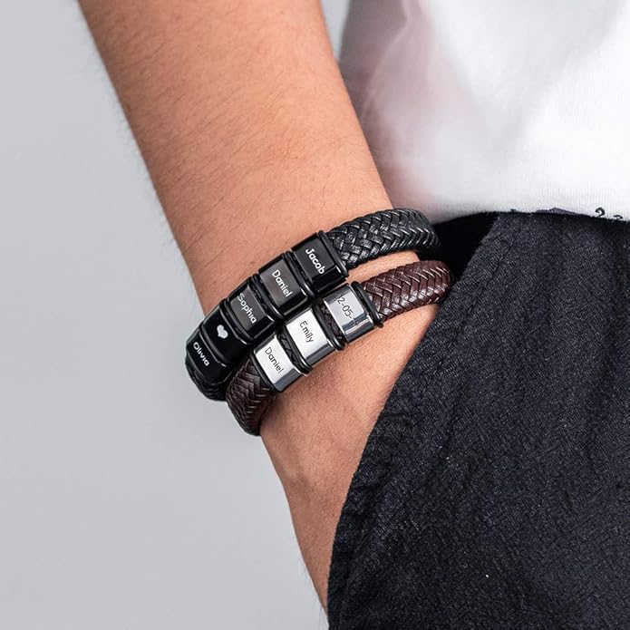 AILIN Custom Beaded Braided Bracelets For Men Leather Stainless Steel Black Brown Color Personalized 1-8 Engraving Name Beads Party Birthday Anniversary Jewelry Father Brother Boyfriends Gifts