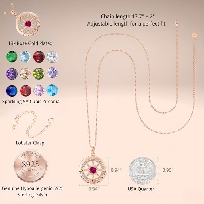 Compass Necklace for Women Wife Girlfriend Mom Daughter Gifts S925 Silver Jewelry For Anniversary Rose Gold Gifts For Birthday Christmas Mothers Valentines Day 12 Birthstones