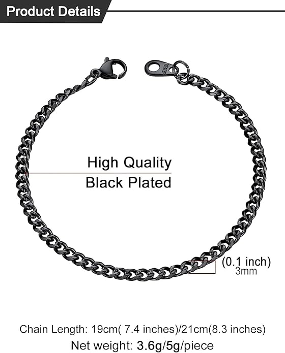U7 Link Bracelets for Men, Cuban Link/Rope/Watch Band Solid Bracelet, Silver Black Gold Color Wrist Bracelet 3/6/9/12/15mm Width, 6.5/7.5/8.3 Inch Length, Hand Chain Jewelry for Mens Women