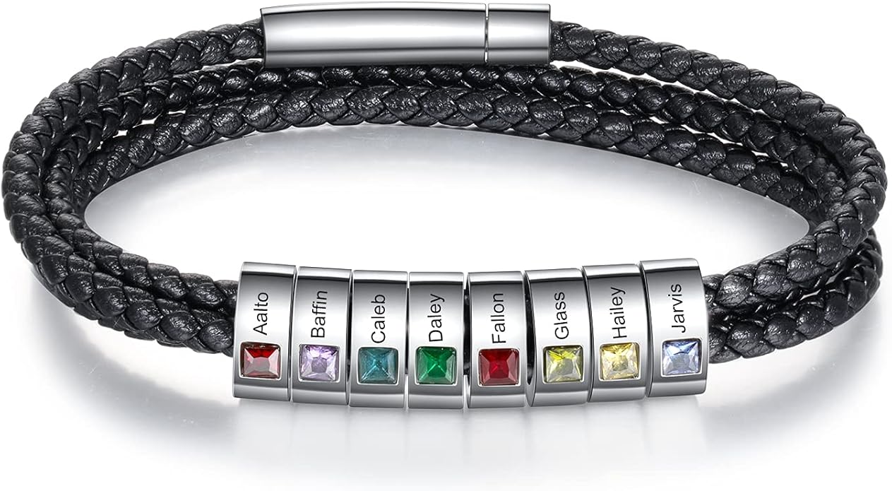 kaululu Custom Leather Bracelet for Men with 1/2/3/4/5/6/7/8 Birthstones Engraved Stainless Steel Beads Personalized Names Bracelet for Father's Day Christmas Thanksgiving Gift for Men