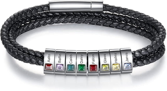 kaululu Custom Leather Bracelet for Men with 1/2/3/4/5/6/7/8 Birthstones Engraved Stainless Steel Beads Personalized Names Bracelet for Father's Day Christmas Thanksgiving Gift for Men
