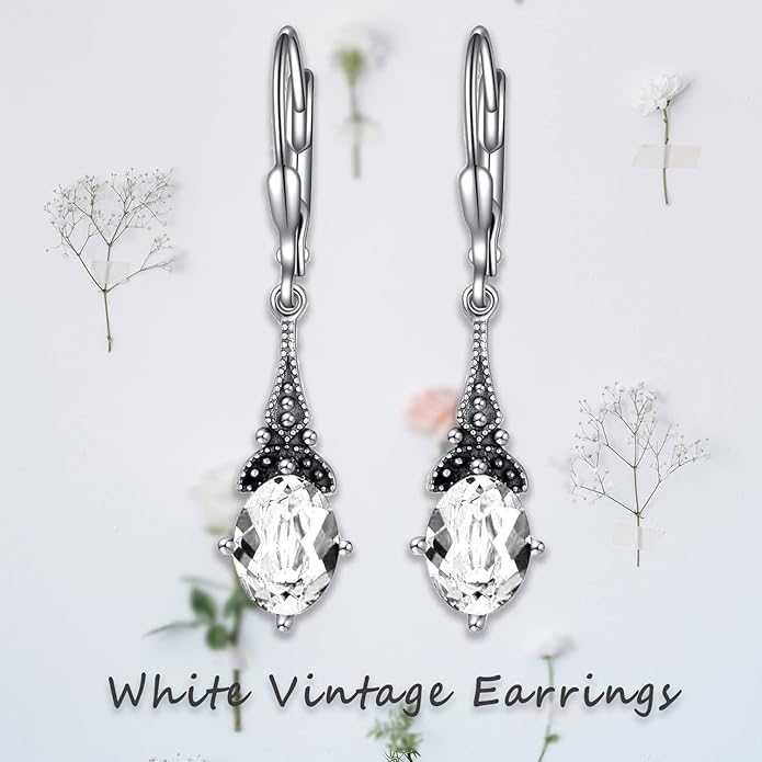 AOBOCO Vintage Earrings for Women Sterling Silver Retro Drop Dangle Leverback Earrings with 8x6mm Oval Genuine or Simulated Birthstone Crystal from Austria, Anniversary Jewelry Gifts for Her Women