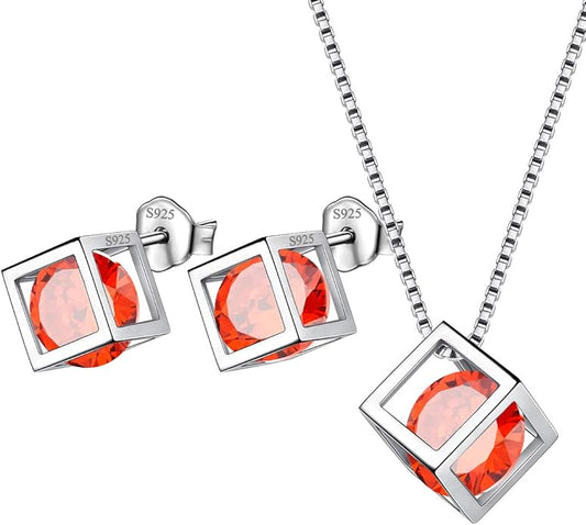 Aurora Tears Birthstone Necklace/Earring 925 Sterling Silver Women Cross/3D Cube/Cresent Moon Birth Stone Jewelry Mens Birthday Gift Anniversary Present