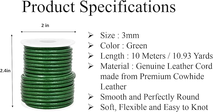 GENIQUE Real/Genuine Round Leather String Cord for Necklace, Bracelets, Jewelry, Kumihimo Braiding, DIY Projects (10 Metres) (3mm, Green)