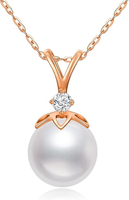 14K Gold Pearl Necklace for Women, 9mm White Freshwater Cultured Pearl Love Heart Pendant Necklace Jewelry Anniversary Present for Women, Girls 16+2 Inch