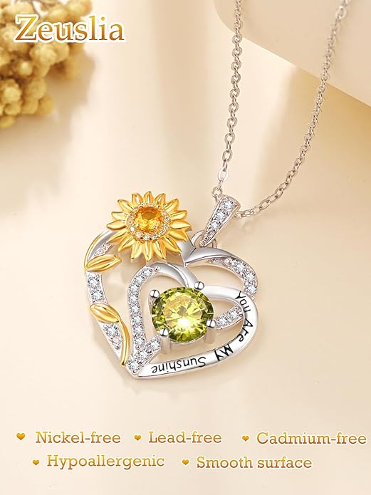 Zeuslia Double Birthstone Necklace Gifts for Wife - 925 Sterling Silver Sunflower/Rose/Crown Cross/Compass/Heart Pendant I Love You Necklace, Anniversary Birthday Gifts for Wife Girlfriend Mom Her