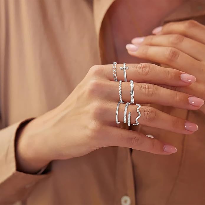 Honsny 14K Gold Plated Stacking Rings Set for Women, Stackable Knuckle Thumb Rings Thin Dainty Silver Rings for Women Wedding Eternity Band Simple Rose Gold Ring Size 4-11