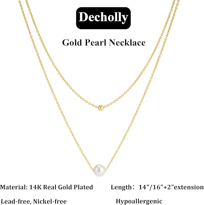 Gold Pearl Necklaces for Women Trendy, 14K Gold Plated Dainty Necklace Simple Layered Pearl Necklaces for Women Trendy Wedding Birthday Jewelry