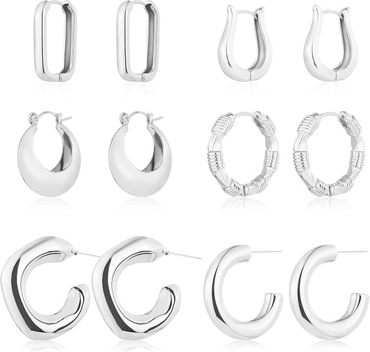 6 Pairs 14K Gold Plated Hoop Earrings for Women Lightweight Chunky Hoop Earrings Multipack Hypoallergenic, Thick Open Twisted Huggie Hoops Earring Set Jewelry for Gifts.