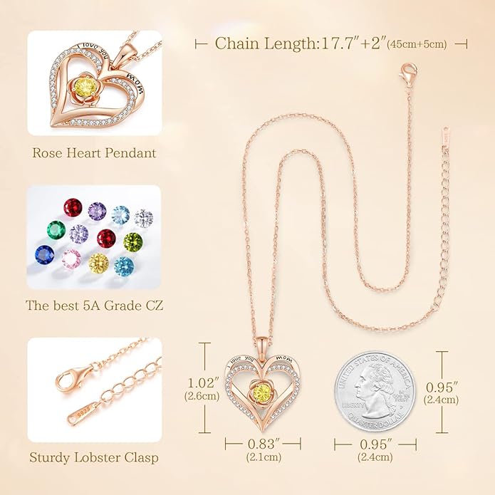CDE Christmas Gifts for Women S925 Silver Rose Gold Heart Birthstone Necklaces for Women，Ideal Anniversary or Birthday Jewelry Gifts for Wife Girlfriend Her