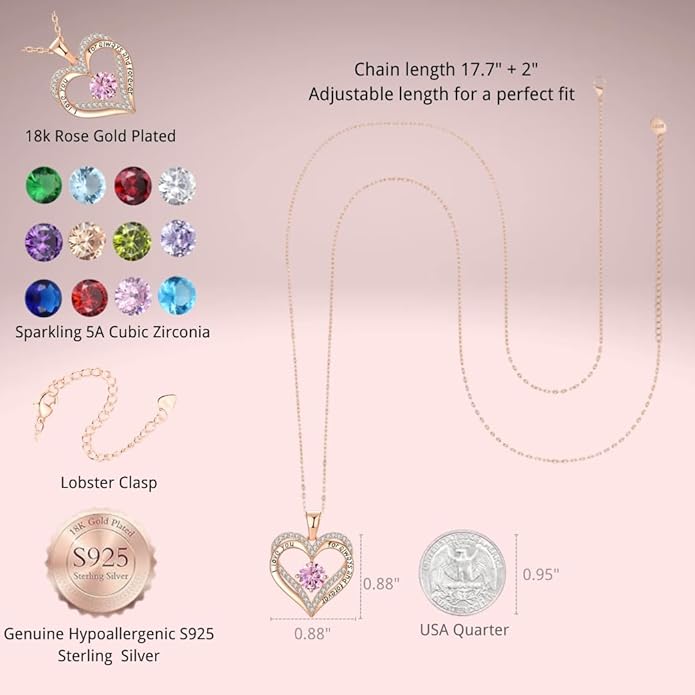 Birthstone Heart Necklace for Women Wife Girlfriend Mom Daughter Gifts S925 Silver Jewelry For Anniversary Rose Gold Gifts For Birthday Christmas Mothers Valentines Day