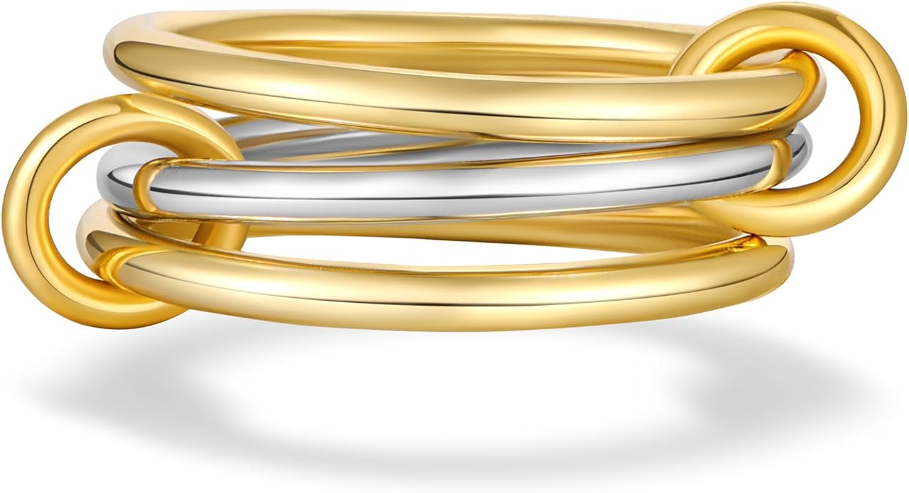 AllenCOCO 14K Gold Plated Stackable Rings, 3 Ring Set with CZ Cubic Zirconia, Gold & Silver Stacked, Multi-Link Connected Interlocking Band for Women Statement Hypoallergenic Upgraded Craft