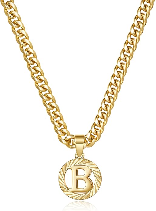 KissYan Gold Initial Necklace,14K Gold Plated Round Letter Pendant Hollow Capital Monogram 5mm Cuban Chain Necklace Alhpabets from A-Z Dainty Jewelry for Women Men
