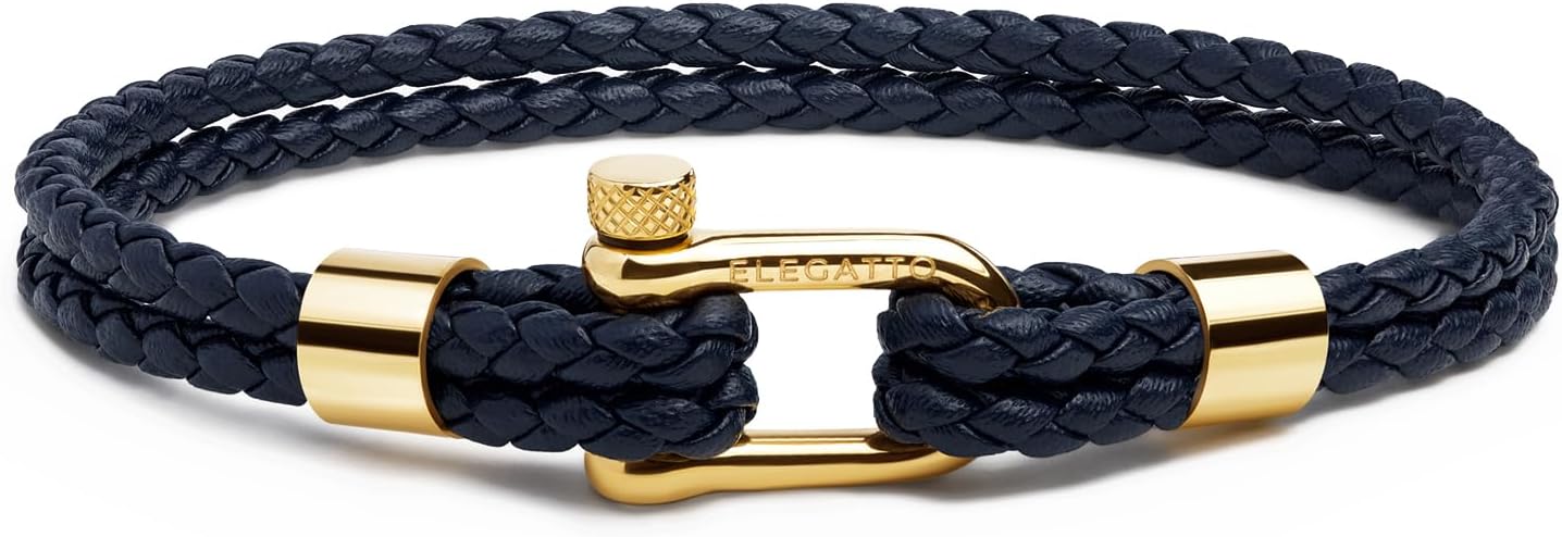 Elegatto Helix Premium Vintage Leather Bracelet for Men | Double Black Leather Strands with Sterling Silver Polished Mini Shackle Closure | Men’s Designer Jewelry