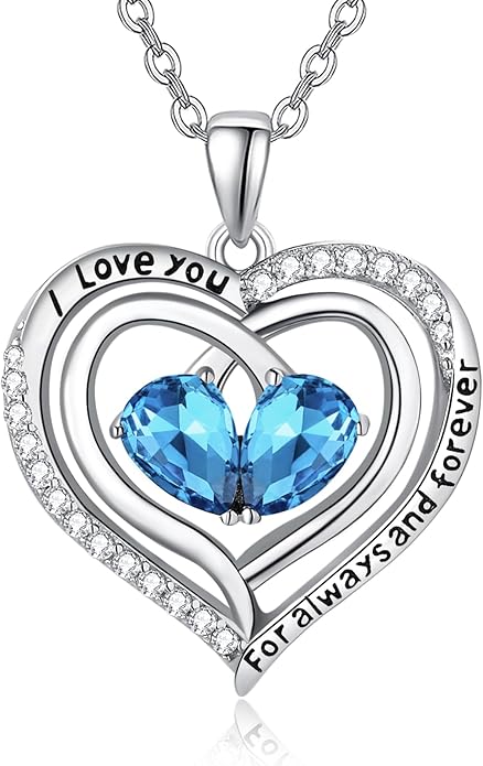 Zeuslia Double Birthstone Necklace Gifts for Wife - 925 Sterling Silver Sunflower/Rose/Crown Cross/Compass/Heart Pendant I Love You Necklace, Anniversary Birthday Gifts for Wife Girlfriend Mom Her