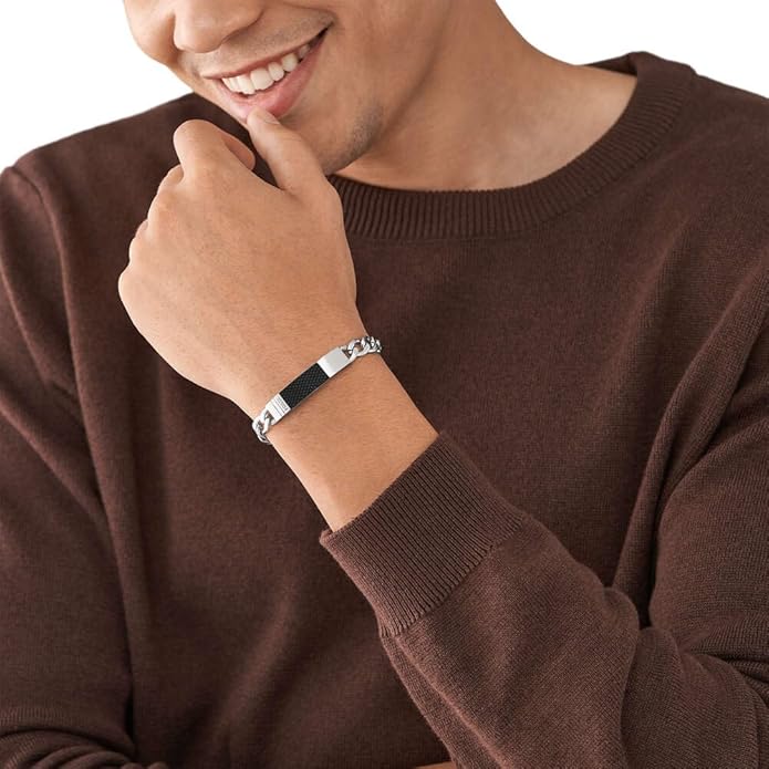 Fossil Men's Plated Stainless Steel Engravable Personalized Gift ID, Chain or Cuff Bracelet for Men