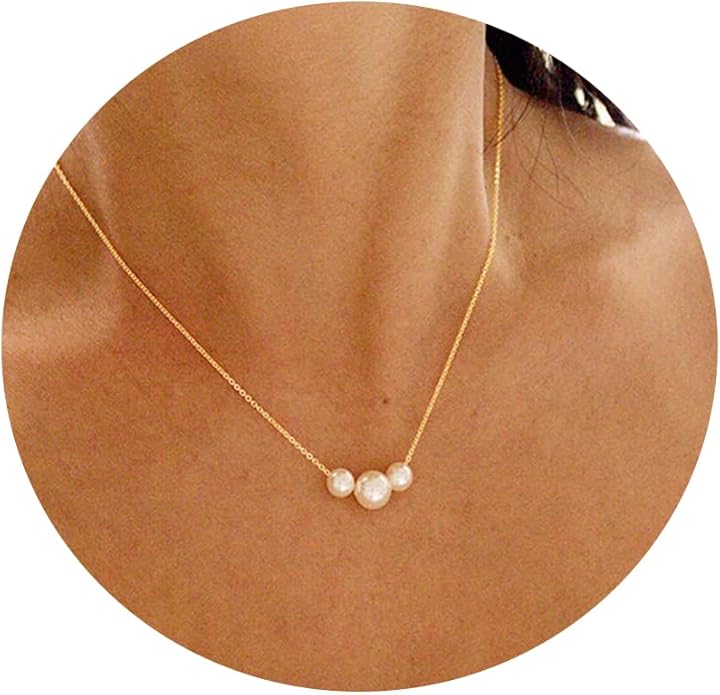 Gold Pearl Necklace for Women, 14K Gold Plated Layered Pearl Necklaces for Women Trendy Simple Herringbone Chain Pearl Necklace for Women Gold Jewelry Gifts