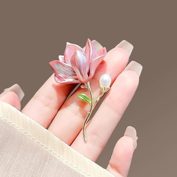 2Pcs Pearl Flower Brooches For Women Alloy Floral Brooch Pins Pink Purple Magnolias Flowers Broach Magnolia Blossom Brooches And Pins For Women Party Wedding Banquet Jewelry Clothing Accessories