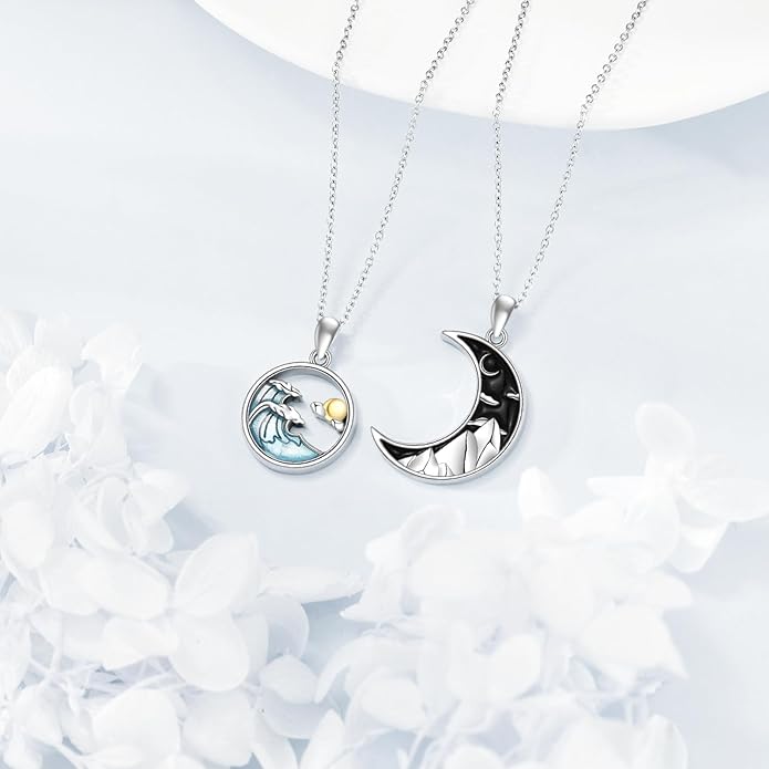 JBAERD Couples BFF Matching Necklaces 925 Sterling Silver Cross/Yin Yang/Sun Moon/Mountain Wave Pendant Necklace Anniversary Birthday Gifts