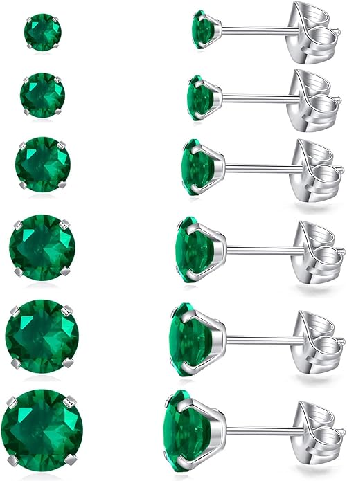 6 Pairs Stud Earrings Set, Hypoallergenic Cubic Zirconia Earrings 316L Stainless Steel CZ Earrings 3-8mm