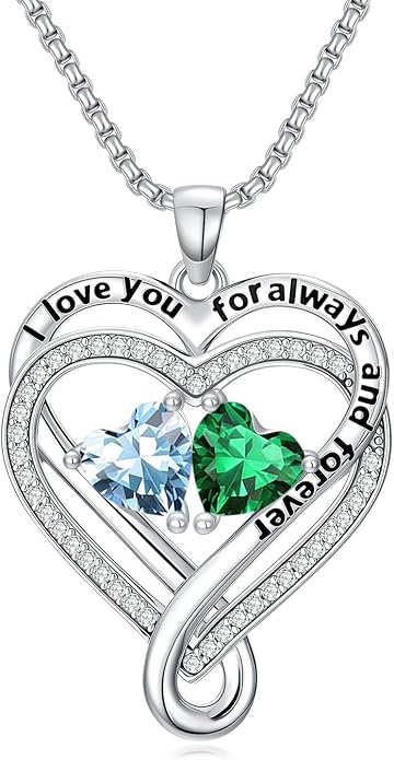 I Love You for Awlays and Forever Double Heart Necklace with Birthstone, 2 Birth Stone Jewelry Anniversary Valentines Mothers Day Christmas Birthday Gifts for Women Her Wife Girlfriend Mom Mother