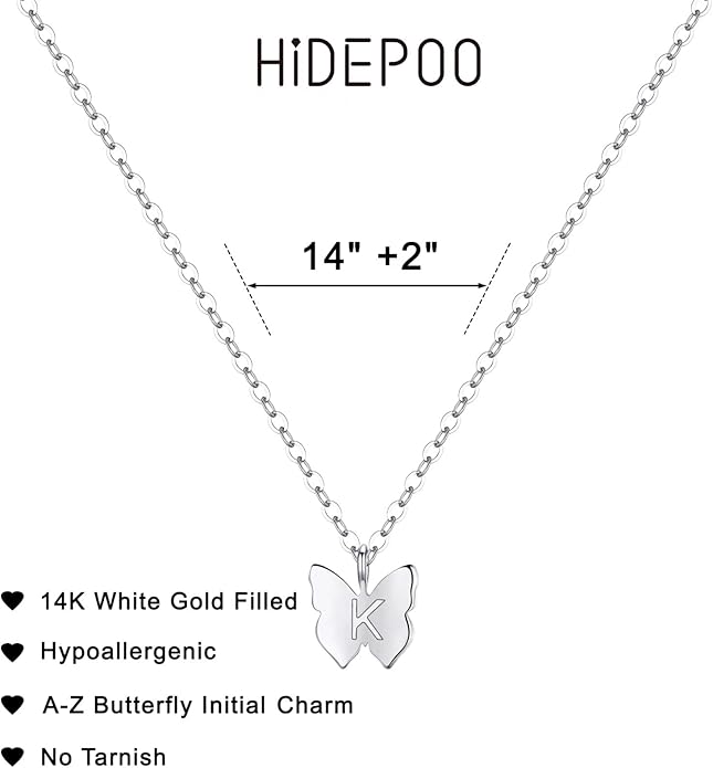 Hidepoo Initial Butterfly Necklace for Girls Gifts, 14K Gold/Silver/Rose Gold Filled Dainty Butterfly Pendant Choker Necklace Initial Butterfly Necklace Birthday Gifts for Girls