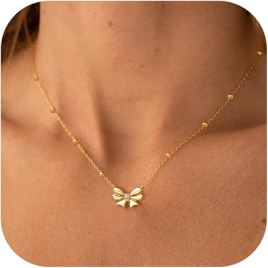 Gold Necklace for Women Dainty Bow Necklace 14K Gold Plated Cute Choker Necklace Small Bow Pendant Charm Necklaces Teen Gift Trendy Stuff Personalized Jewelry Gifts