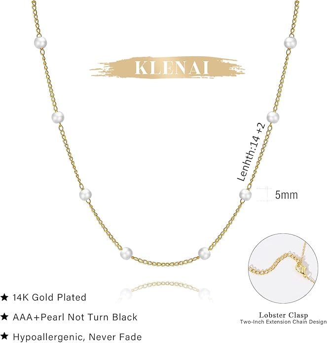 Gold Pearl Necklace for Women, 14K Gold Plated Layered Pearl Necklaces for Women Trendy Simple Herringbone Chain Pearl Necklace for Women Gold Jewelry Gifts