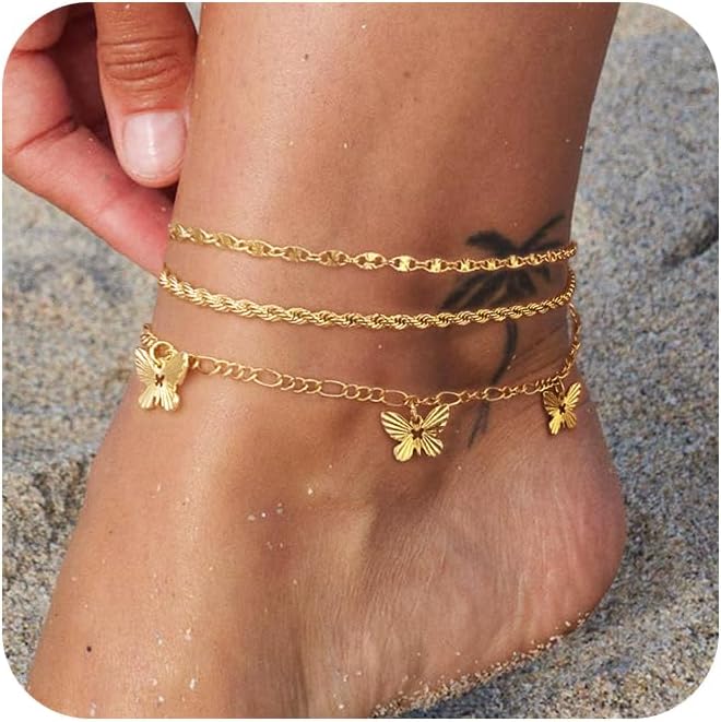 Gold Ankle Bracelets for women,14k Gold/Silver Plated Waterproof Layered lightweight Cuban Link Figaro Chain Heart anklet butterfly anklet Pearl Ankle Bracelets Set Gold Anklets for women Trendy Jewelry Gift for Women
