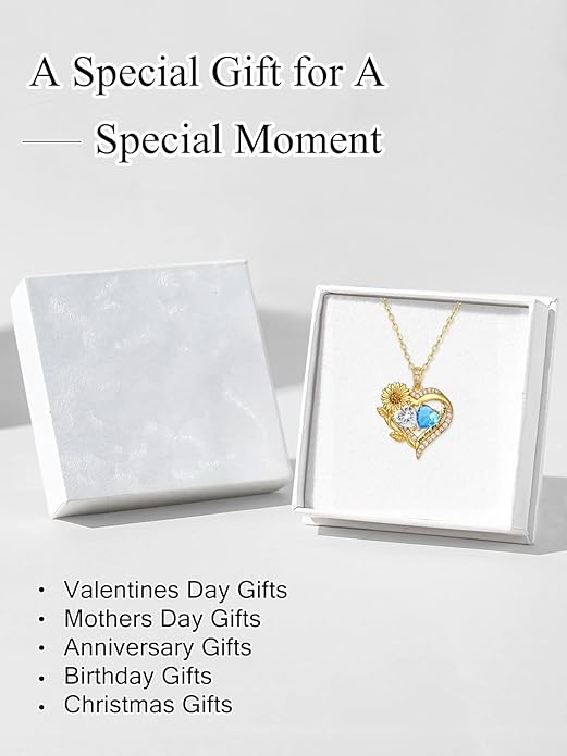 Sunflower Heart Necklace for Women 14K Gold Exquisite Anniversary Birthday Gifts for Wife Mother Her Double Birthstone Pendant jewelry‘You Are My Sunshine’