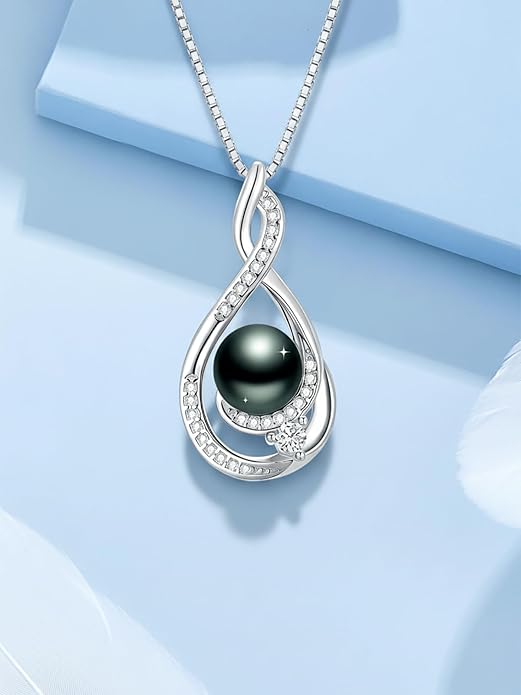 KANNSOAR Tahitian Black Pearl 18K White Gold Plated Sterling Silver Heart/Infinity/Four Leaf Clover Pendant Necklace Jewelry Gifts for Women Wife Mom Girlfriend Wedding Birthday Anniversary Christmas