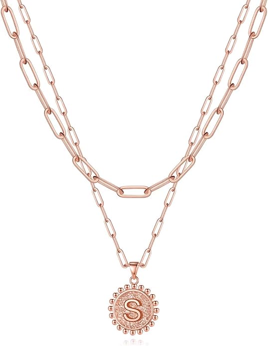 Yoosteel Gold Initial Necklaces for Women, 14K Gold Plated Dainty Layering Paperclip Link Chain Necklace Coin Initial Layered Necklaces for Women Personalized Birthday Gifts