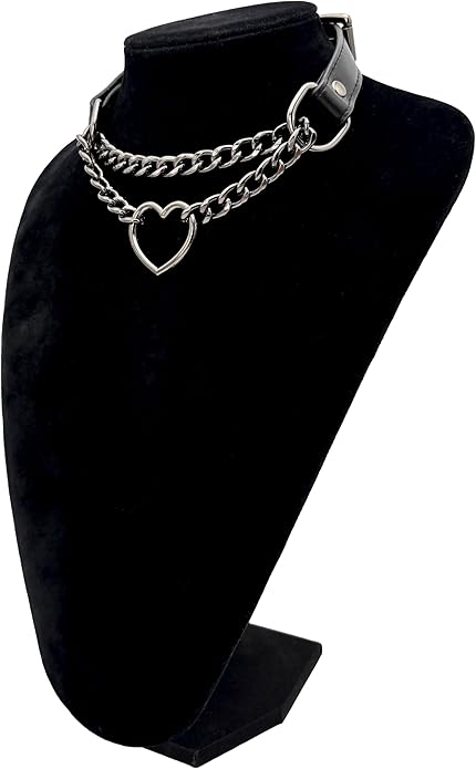 Black Leather Choker Collar For Women, Handmade Heart Slip Chain Choker Long Necklace with Adjustable Buckle