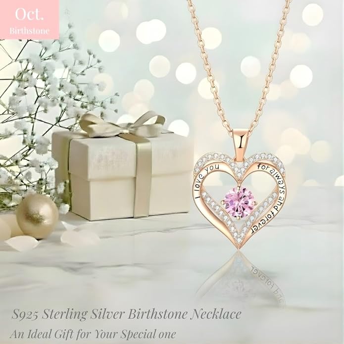 Birthstone Heart Necklace for Women Wife Girlfriend Mom Daughter Gifts S925 Silver Jewelry For Anniversary Rose Gold Gifts For Birthday Christmas Mothers Valentines Day